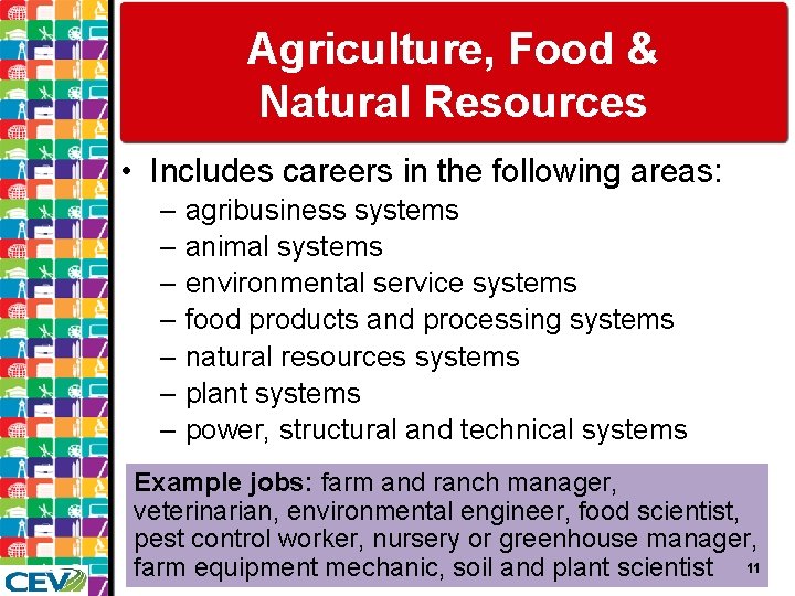 Agriculture, Food & Natural Resources • Includes careers in the following areas: – agribusiness