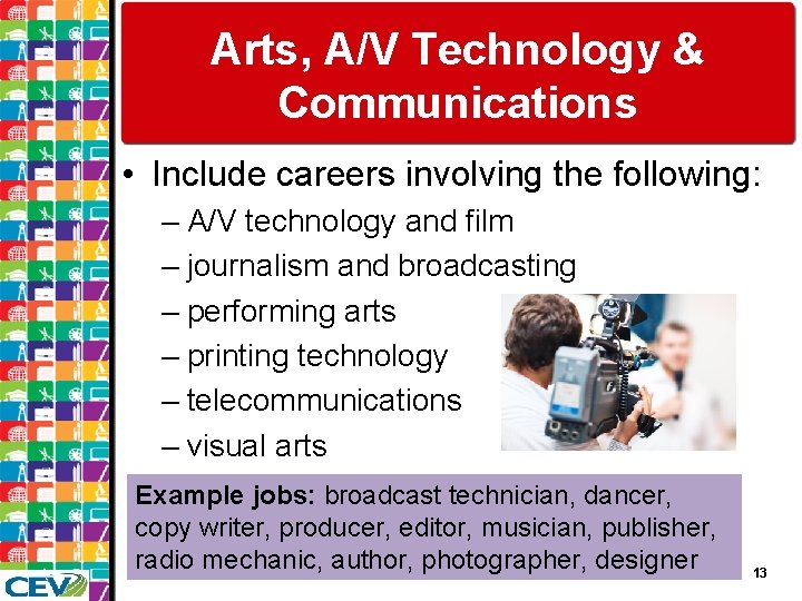 Arts, A/V Technology & Communications • Include careers involving the following: – A/V technology