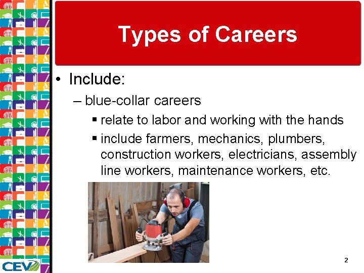 Types of Careers • Include: – blue-collar careers § relate to labor and working