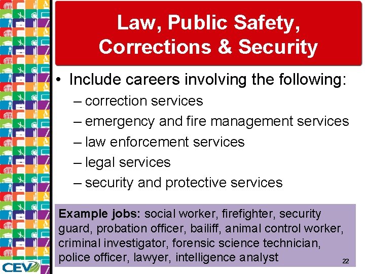 Law, Public Safety, Corrections & Security • Include careers involving the following: – correction
