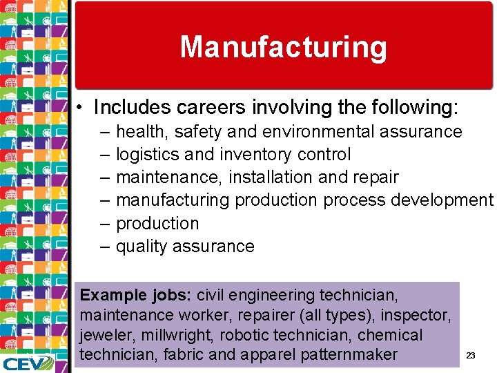 Manufacturing • Includes careers involving the following: – health, safety and environmental assurance –