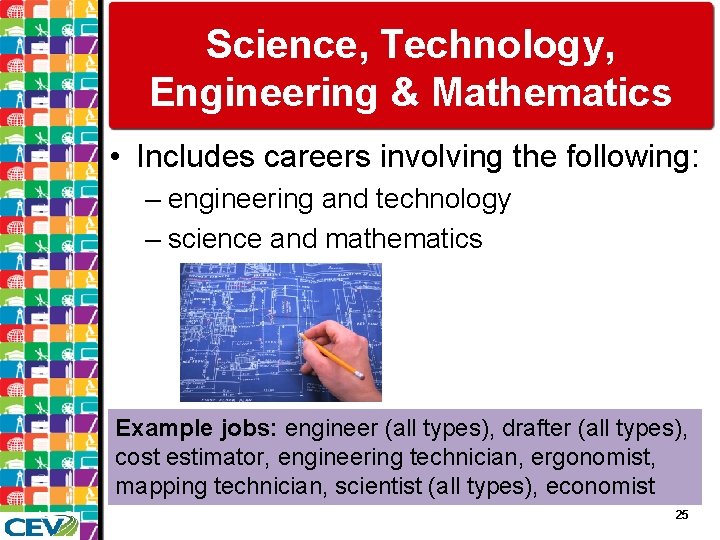 Science, Technology, Engineering & Mathematics • Includes careers involving the following: – engineering and