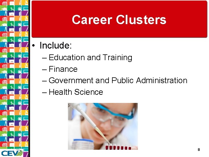 Career Clusters • Include: – Education and Training – Finance – Government and Public