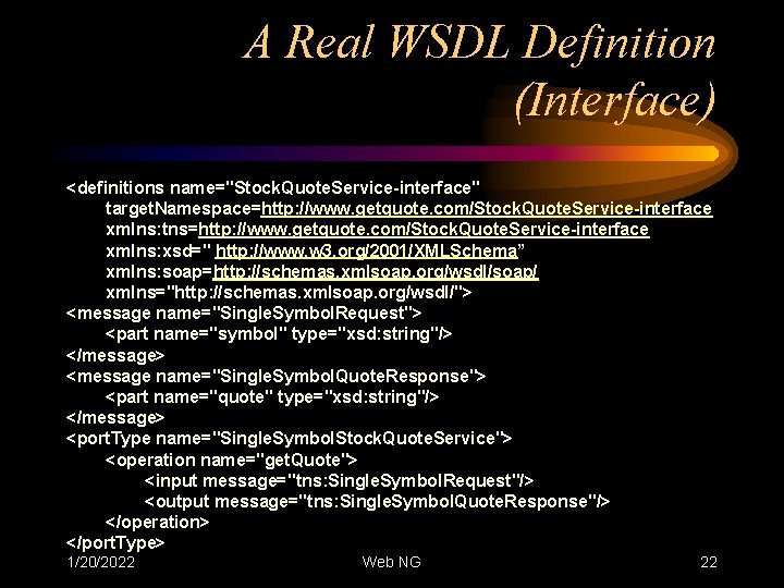 A Real WSDL Definition (Interface) <definitions name="Stock. Quote. Service-interface" target. Namespace=http: //www. getquote. com/Stock.