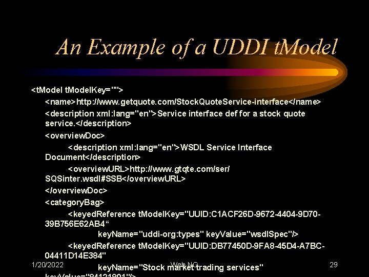 An Example of a UDDI t. Model <t. Model. Key=""> <name>http: //www. getquote. com/Stock.