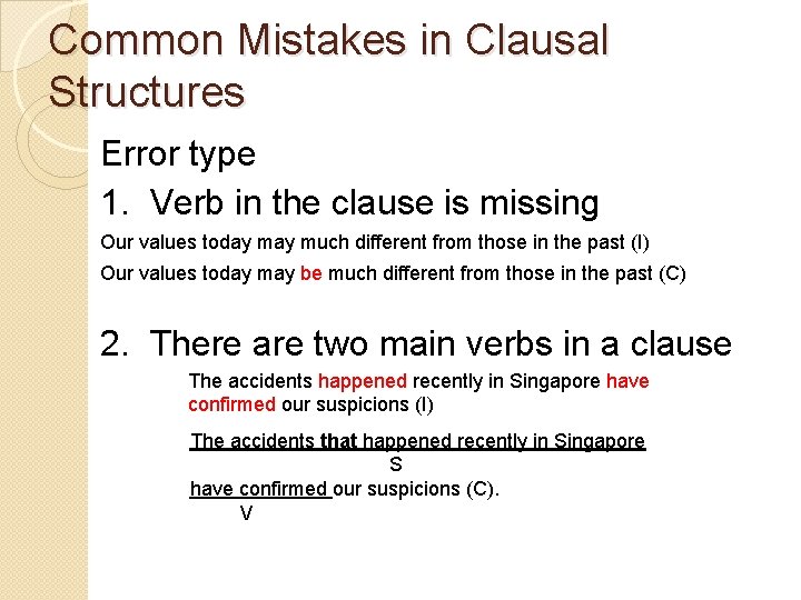 Common Mistakes in Clausal Structures Error type 1. Verb in the clause is missing