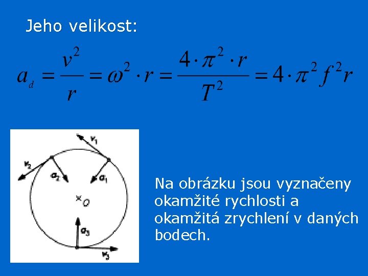 Jeho velikost: Na obrázku jsou vyznačeny okamžité rychlosti a okamžitá zrychlení v daných bodech.