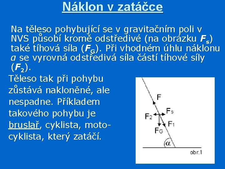 Náklon v zatáčce Na těleso pohybující se v gravitačním poli v NVS působí kromě