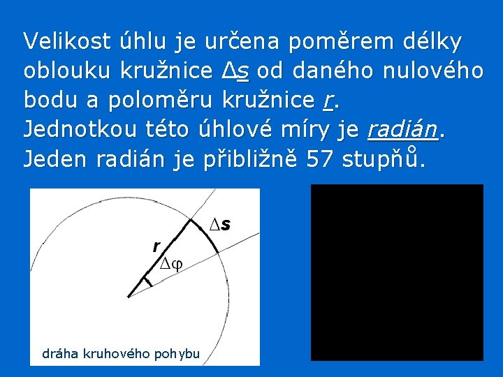 Velikost úhlu je určena poměrem délky oblouku kružnice Δs od daného nulového bodu a