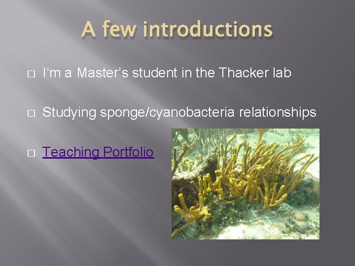 A few introductions � I’m a Master’s student in the Thacker lab � Studying