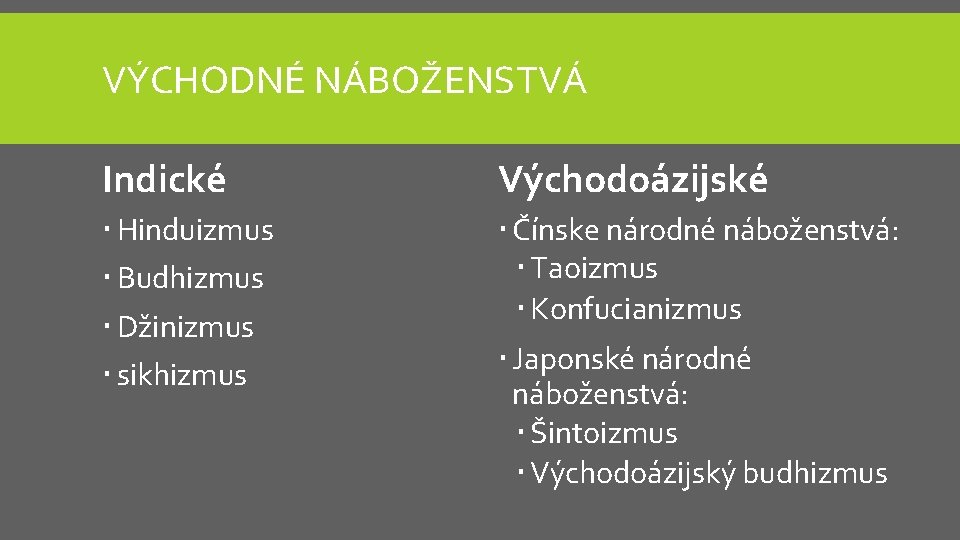 VÝCHODNÉ NÁBOŽENSTVÁ Indické Východoázijské Hinduizmus Budhizmus Džinizmus sikhizmus Čínske národné náboženstvá: Taoizmus Konfucianizmus Japonské