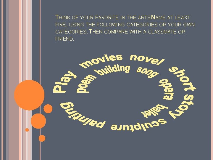 THINK OF YOUR FAVORITE IN THE ARTS. NAME AT LEAST FIVE, USING THE FOLLOWING
