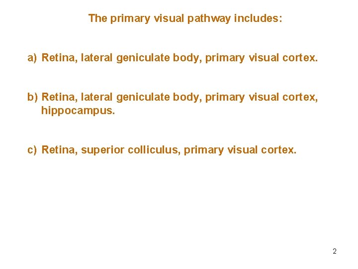 The primary visual pathway includes: a) Retina, lateral geniculate body, primary visual cortex. b)