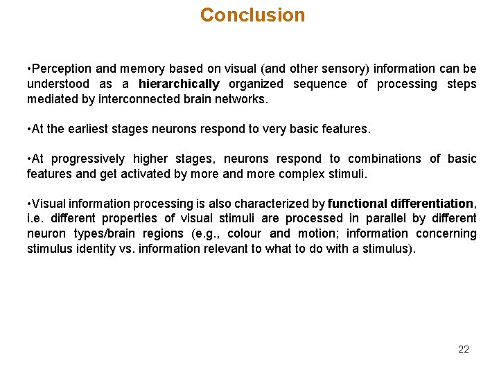Conclusion • Perception and memory based on visual (and other sensory) information can be