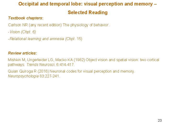 Occipital and temporal lobe: visual perception and memory – Selected Reading Textbook chapters: Carlson