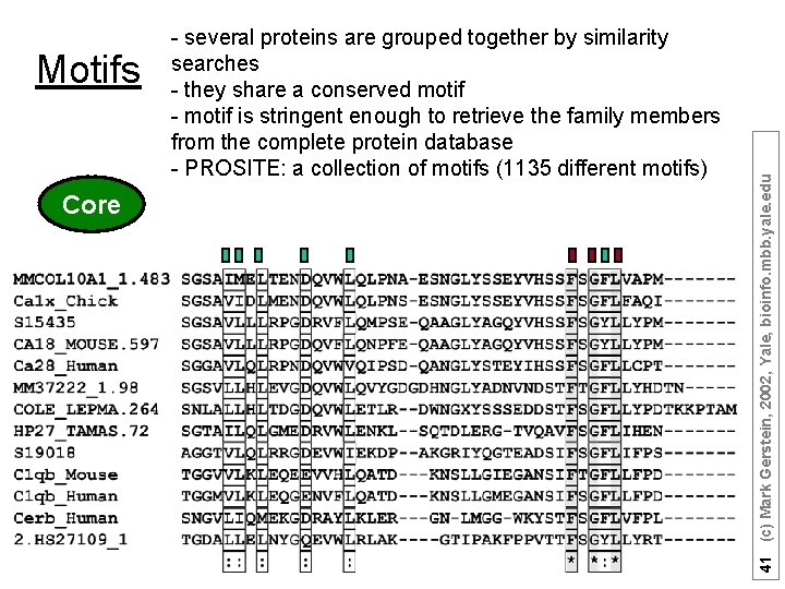 Core 41 (c) Mark Gerstein, 2002, Yale, bioinfo. mbb. yale. edu Motifs - several