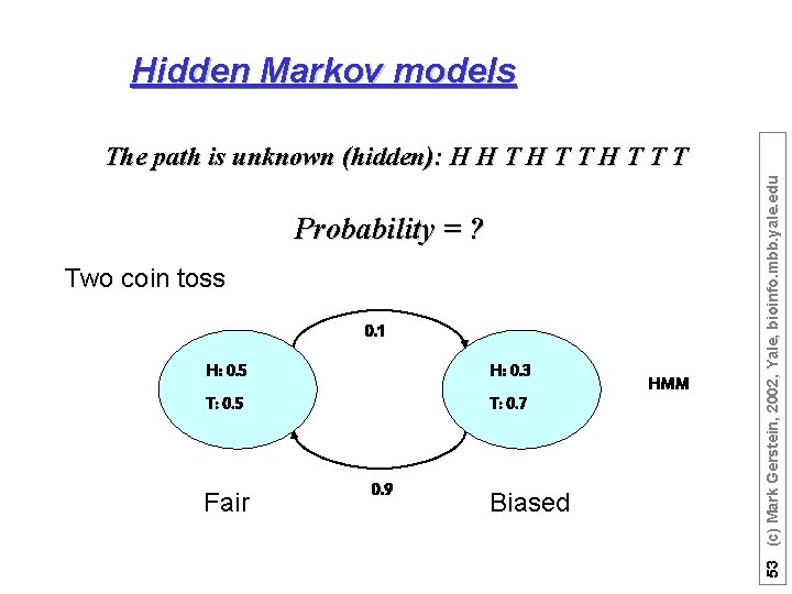 Hidden Markov models Probability = ? Two coin toss 0. 1 H: 0. 5