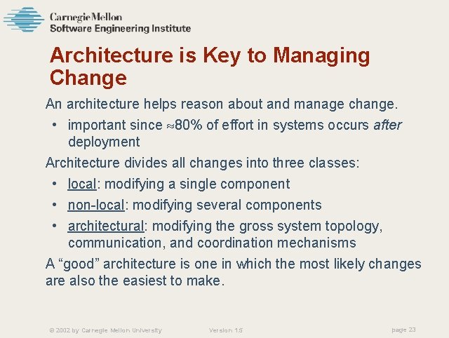 Architecture is Key to Managing Change An architecture helps reason about and manage change.