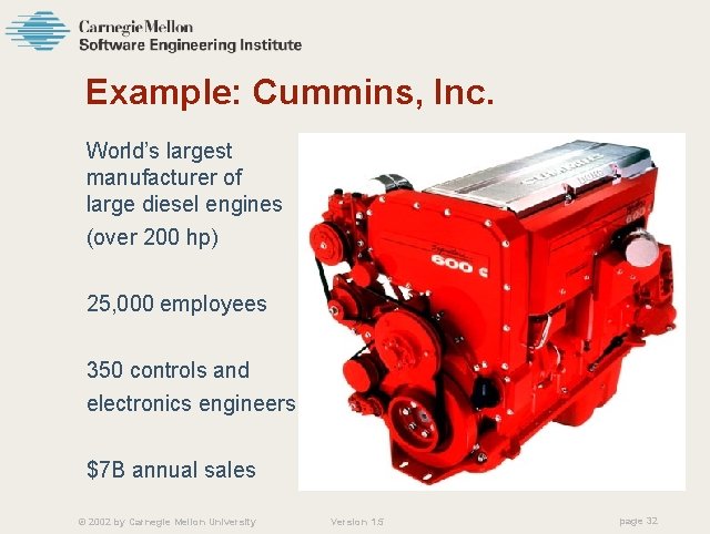 Example: Cummins, Inc. World’s largest manufacturer of large diesel engines (over 200 hp) 25,