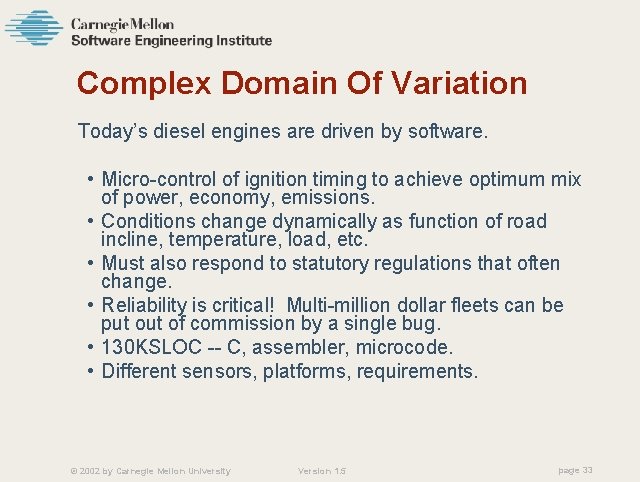 Complex Domain Of Variation Today’s diesel engines are driven by software. • Micro-control of