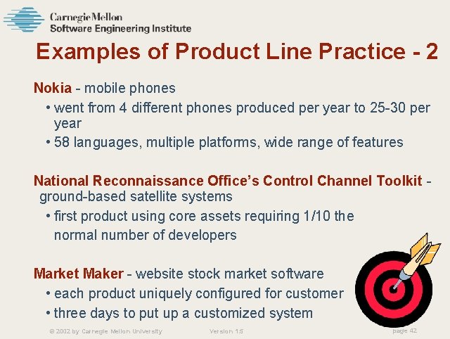 Examples of Product Line Practice - 2 Nokia - mobile phones • went from