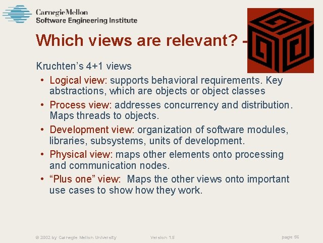 Which views are relevant? -1 Kruchten’s 4+1 views • Logical view: supports behavioral requirements.