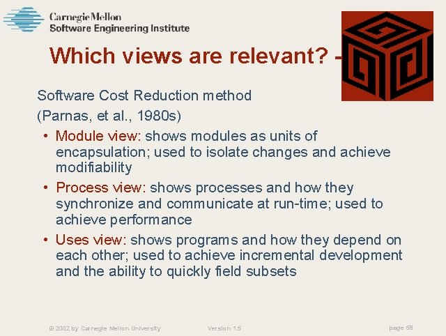 Which views are relevant? -3 Software Cost Reduction method (Parnas, et al. , 1980