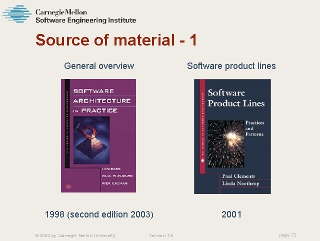 Source of material - 1 General overview Software product lines 1998 (second edition 2003)