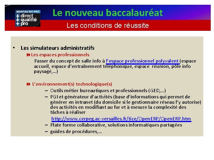 Le nouveau baccalauréat Les conditions de réussite • Les simulateurs administratifs Les espaces professionnels