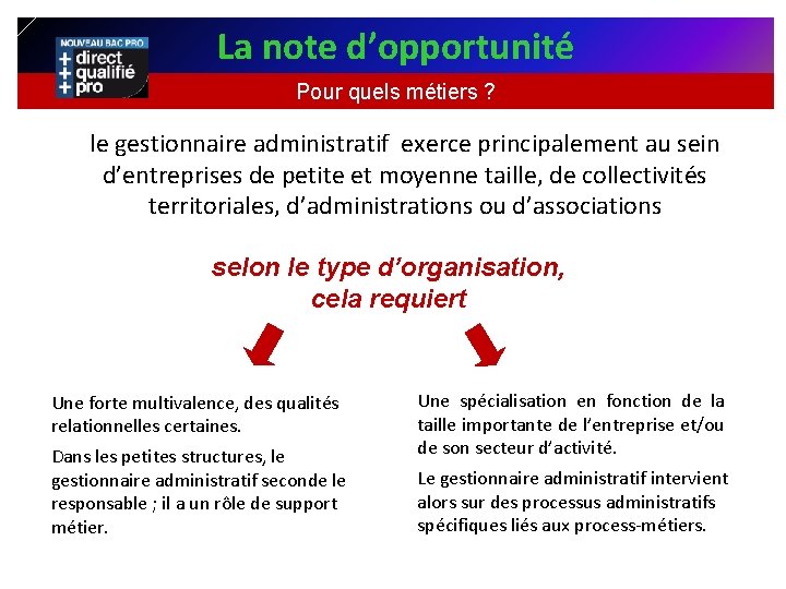 La note d’opportunité Pour quels métiers ? le gestionnaire administratif exerce principalement au sein