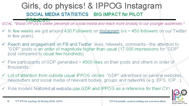 Girls, do physics! & IPPOG Instagram SOCIAL MEDIA STATISTICS PROJECT! BIG IMPACT for PILOT