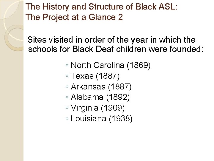 The History and Structure of Black ASL: The Project at a Glance 2 Sites