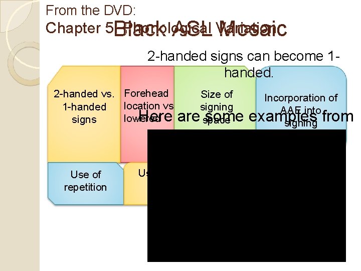 From the DVD: Chapter 5: Black Phonological ASL Variation Mosaic 2 -handed signs can