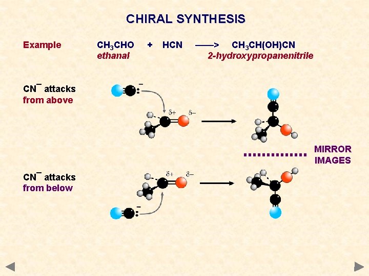 CHIRAL SYNTHESIS Example CH 3 CHO ethanal + HCN ——> CH 3 CH(OH)CN 2 CHIRAL SYNTHESIS Example CH 3 CHO ethanal + HCN ——> CH 3 CH(OH)CN 2