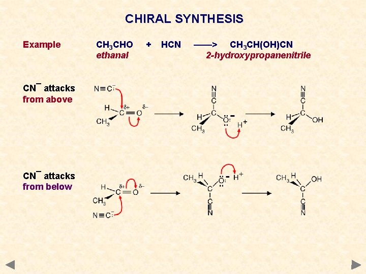 CHIRAL SYNTHESIS Example CN¯ attacks from above CN¯ attacks from below CH 3 CHO CHIRAL SYNTHESIS Example CN¯ attacks from above CN¯ attacks from below CH 3 CHO