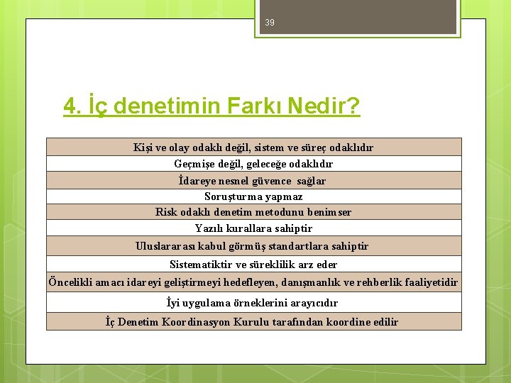 39 4. İç denetimin Farkı Nedir? Kişi ve olay odaklı değil, sistem ve süreç