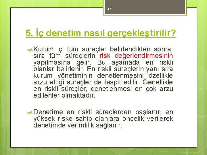 47 5. İç denetim nasıl gerçekleştirilir? Kurum içi tüm süreçler belirlendikten sonra, sıra tüm