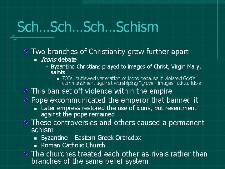 Sch…Sch…Schism Two branches of Christianity grew further apart n Icons debate w Byzantine Christians