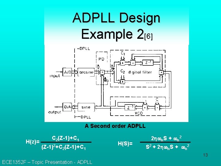 ADPLL Design Example 2[6] A Second order ADPLL H(z)= C 2(Z-1)+C 1 (Z-1)2+C 2(Z-1)+C