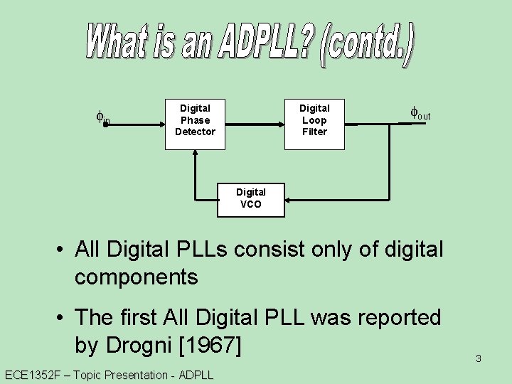 fin Digital Phase Detector Digital Loop Filter fout Digital VCO • All Digital PLLs