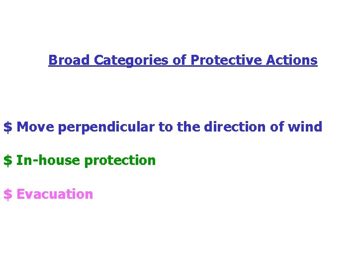 Broad Categories of Protective Actions $ Move perpendicular to the direction of wind $