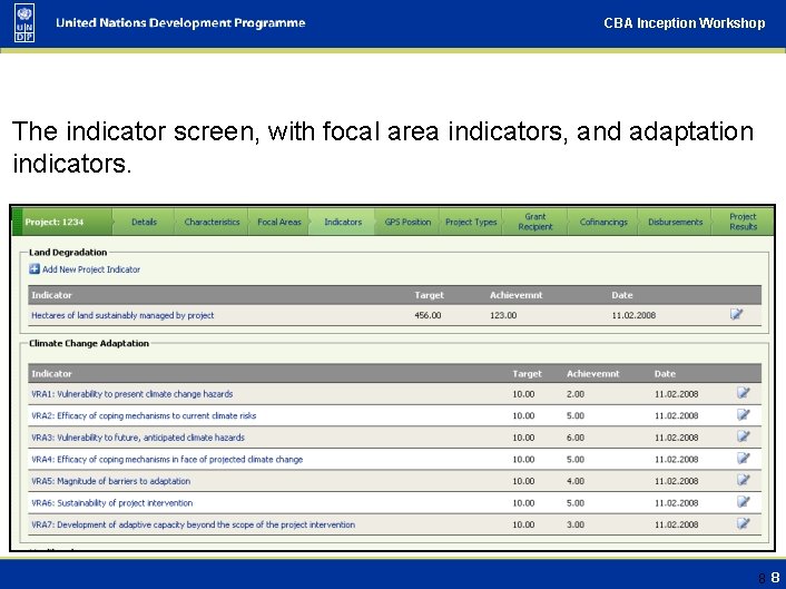 CBA Inception Workshop The indicator screen, with focal area indicators, and adaptation indicators. 8