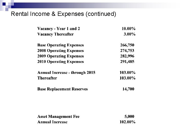 Rental Income & Expenses (continued) 