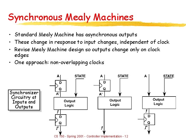 Synchronous Mealy Machines • Standard Mealy Machine has asynchronous outputs • These change in