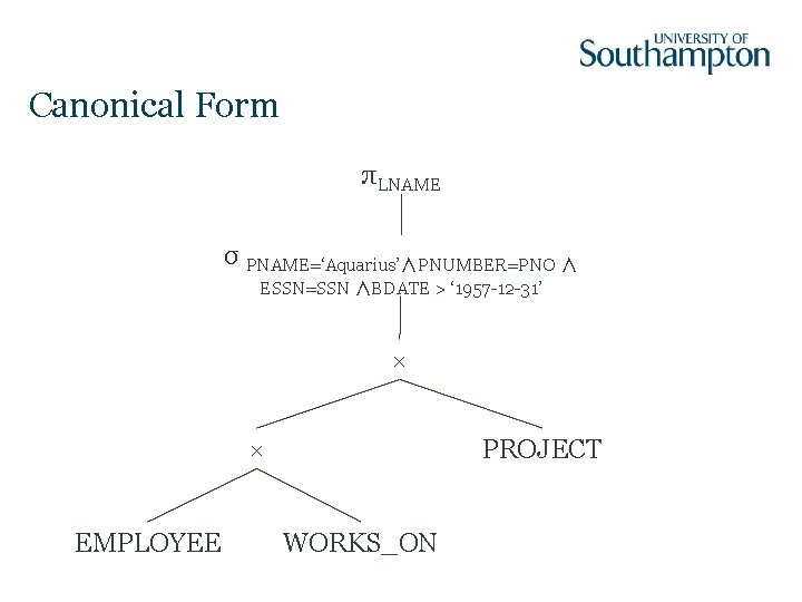 Canonical Form πLNAME σ PNAME=‘Aquarius’∧PNUMBER=PNO ∧ ESSN=SSN ∧BDATE > ‘ 1957 -12 -31’ ×
