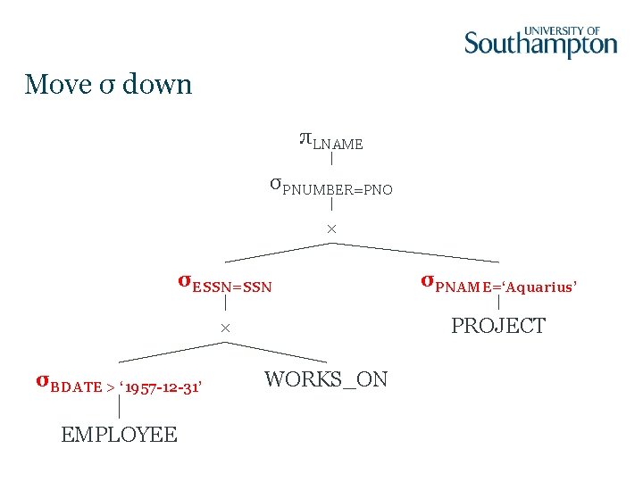 Move σ down πLNAME σPNUMBER=PNO × σESSN=SSN σPNAME=‘Aquarius’ × PROJECT σBDATE > ‘ 1957