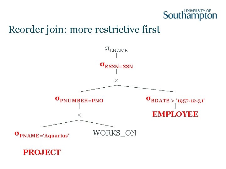 Reorder join: more restrictive first πLNAME σESSN=SSN × σPNUMBER=PNO σBDATE > ‘ 1957 -12