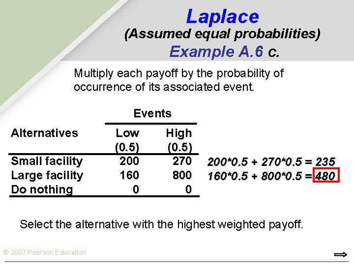 Laplace (Assumed equal probabilities) Example A. 6 c. Multiply each payoff by the probability