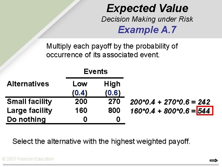 Expected Value Decision Making under Risk Example A. 7 Multiply each payoff by the