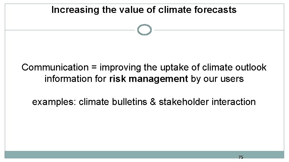 Increasing the value of climate forecasts Communication = improving the uptake of climate outlook